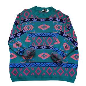 Vintage Sweater Chunky Knit Grandpa Colorful Aztec Geometric Ski Eclectic